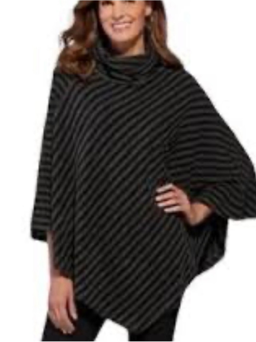 Soft Surroundings Striped Turtleneck Presley Poncho Fleece O/S Grey & Black